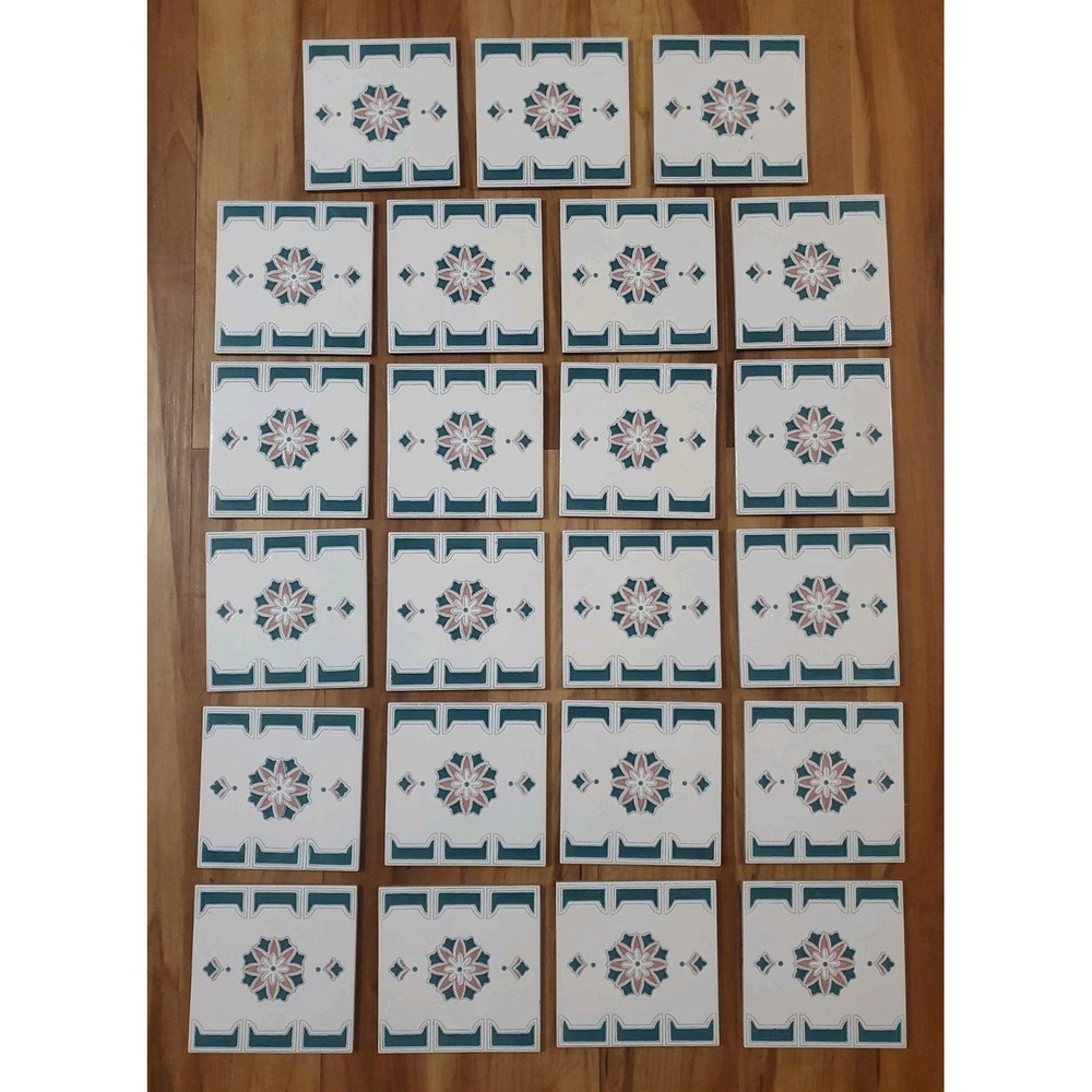 Lot of 23 VTG Italian Ceramic Tiles Teal Pink Rosette Floral Majolica 5.5 Sq Ft